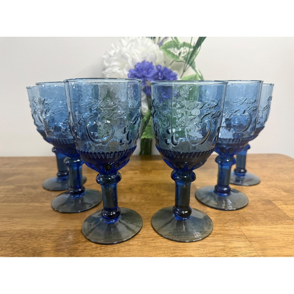 Vintage Cobalt Blue Embossed Fruit Wine Glasses Set Holiday Bar Cart MCM